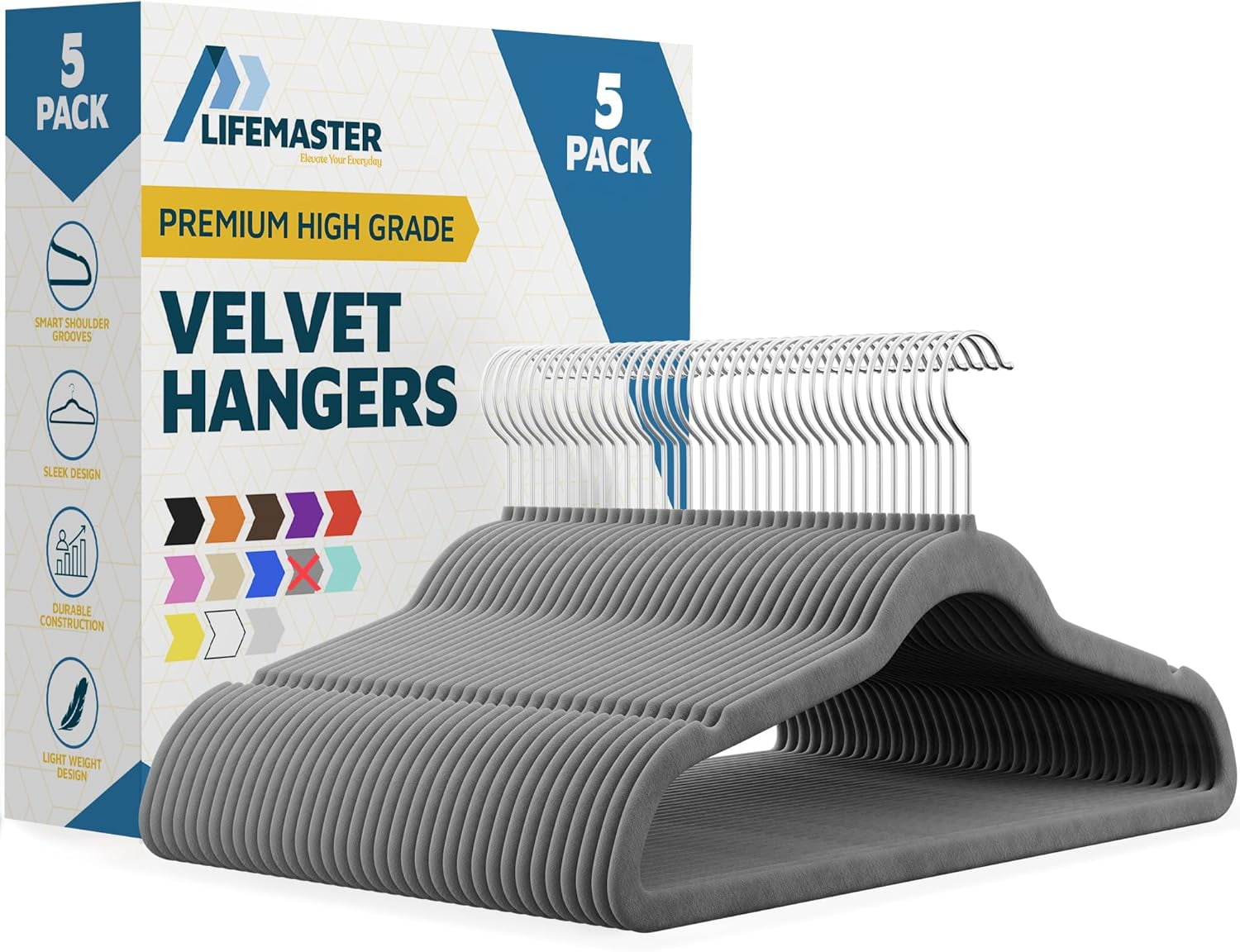 Lifemaster Velvet Clothes Hangers – With 360 Degree Swivel Hook and Non-Slip Shoulder Notch, Holds Up To 10 lbs, Heavy Duty Hanger Set, For Organizing Suit, Dress, Coat, and Clothes, Pack of 5, Gray