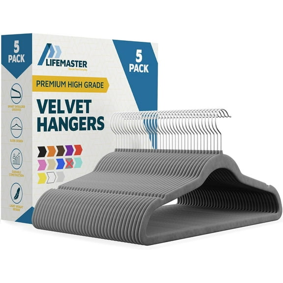 Lifemaster Velvet Clothes Hangers – With 360 Degree Swivel Hook and Non-Slip Shoulder Notch, Holds Up To 10 lbs, Heavy Duty Hanger Set, For Organizing Suit, Dress, Coat, and Clothes, Pack of 5, Gray