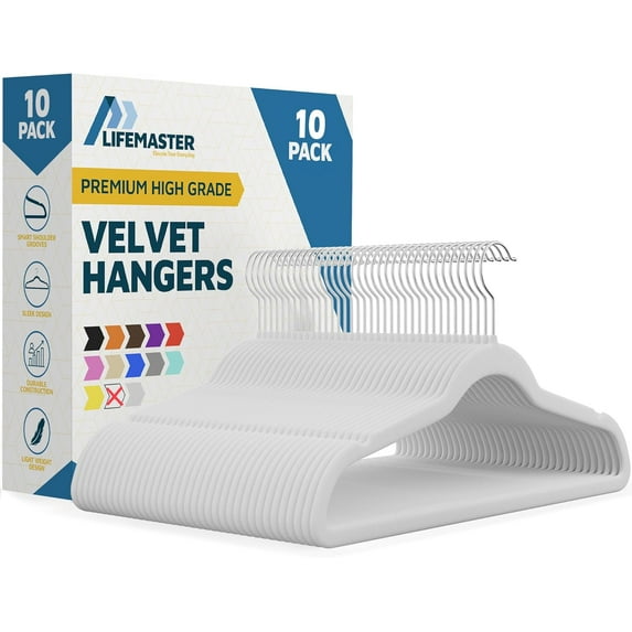 Lifemaster Velvet Clothes Hangers – With 360 Degree Swivel Hook and Non-Slip Shoulder Notch, Holds Up To 10 lbs, Heavy Duty Hanger Set, For Organizing Suit, Dress, Coat, & Clothes, Pack of 10, White