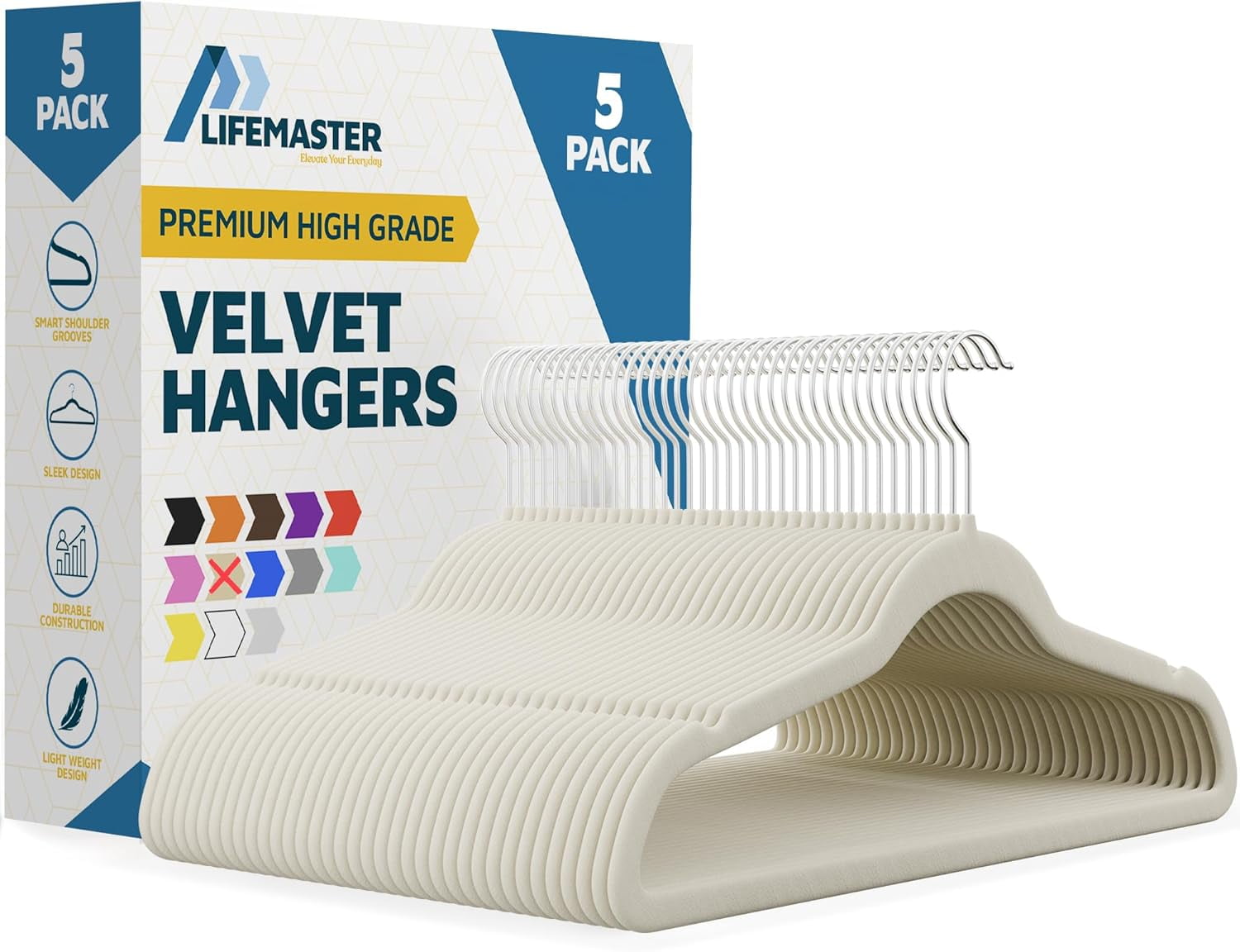 Lifemaster Velvet Clothes Hangers – With 360 Degree Swivel Hook & Non-Slip Shoulder Notch, Holds Up To 10 lbs, Heavy Duty Hanger Set, For Organizing Suit, Dress, Coat, and Clothes, Pack of 5, Ivory