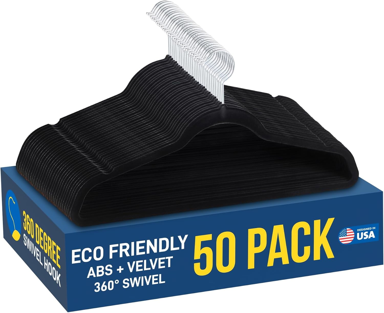 Black Velvet Non-Slip Clothes Hangers with 360° Swivel Hook, Pack of 50