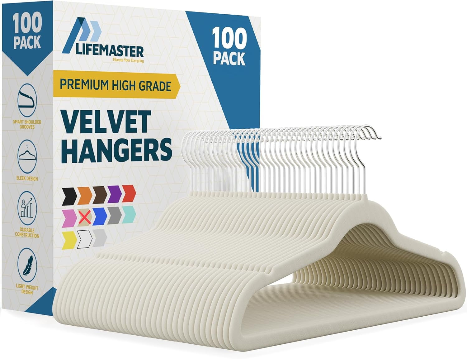 Lifemaster Velvet Clothes Hangers – With 360 Degree Swivel Hook & Non-Slip Shoulder Notch, Holds Up To 10 lbs, Heavy Duty Hanger Set, For Organizing Suit, Dress, Coat, & Clothes, Pack of 100, Ivory