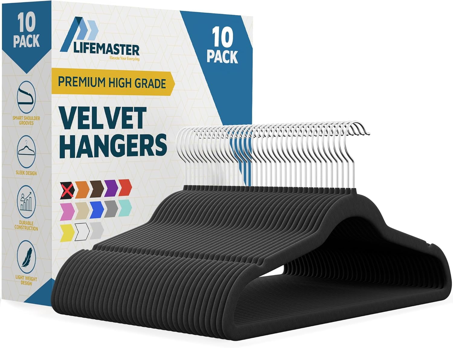 Lifemaster Velvet Clothes Hangers – With 360 Degree Swivel Hook & Non-Slip Shoulder Notch, Holds Up To 10 lbs, Heavy Duty Hanger Set, For Organizing Suit, Dress, Coat, & Clothes, Pack of 10, Black