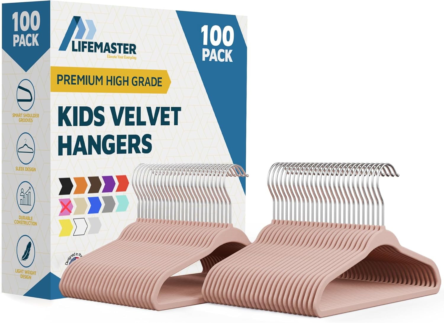 Lifemaster Velvet Kids Hangers, 100-Pack Non-Slip Baby & Toddler Clothes Hangers, Slim Space-Saving with Swivel Hook, Pink