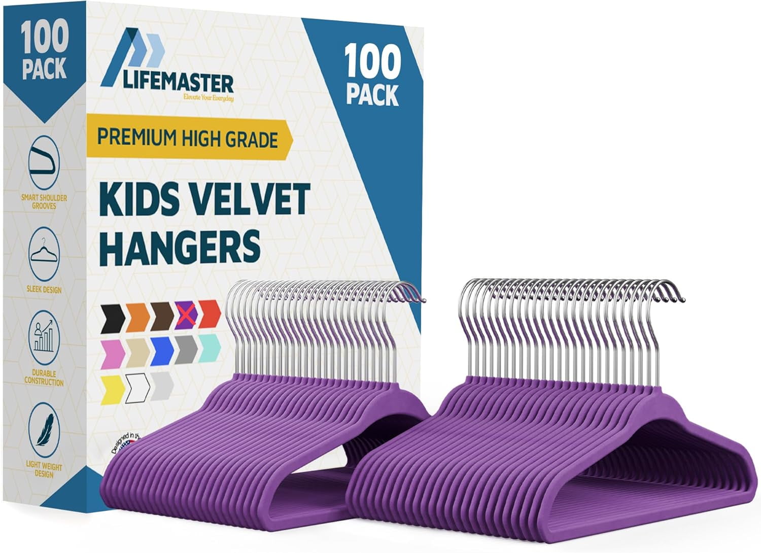 Lifemaster Velvet Kids Hangers, 100-Pack Non-Slip Baby & Toddler Clothes Hangers, Slim Space-Saving with Swivel Hook, Purple
