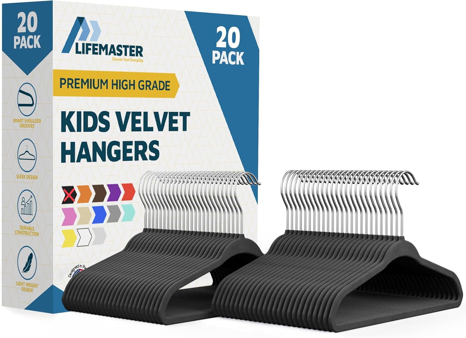 Lifemaster Velvet Kids Hangers, 20-Pack Non-Slip Baby & Toddler Clothes Hangers, Slim Space-Saving with Swivel Hook, Black