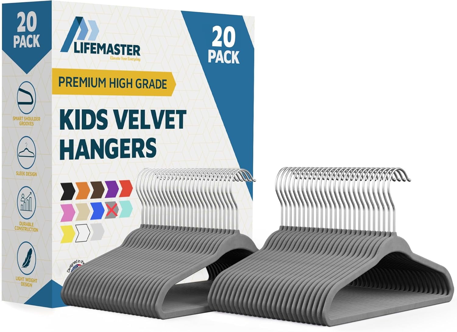 Lifemaster Velvet Kids Hangers, 20-Pack Non-Slip Baby & Toddler Clothes Hangers, Slim Space-Saving with Swivel Hook, Gary