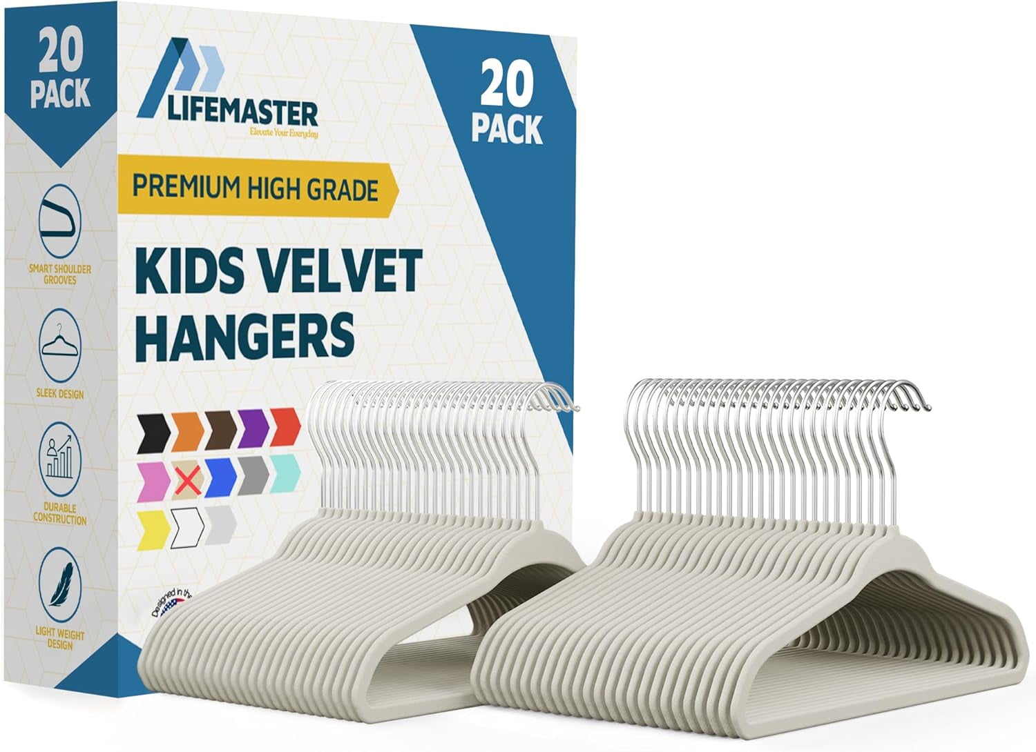 Lifemaster Velvet Kids Hangers, 20-Pack Non-Slip Baby & Toddler Clothes Hangers, Slim Space-Saving with Swivel Hook, Ivory