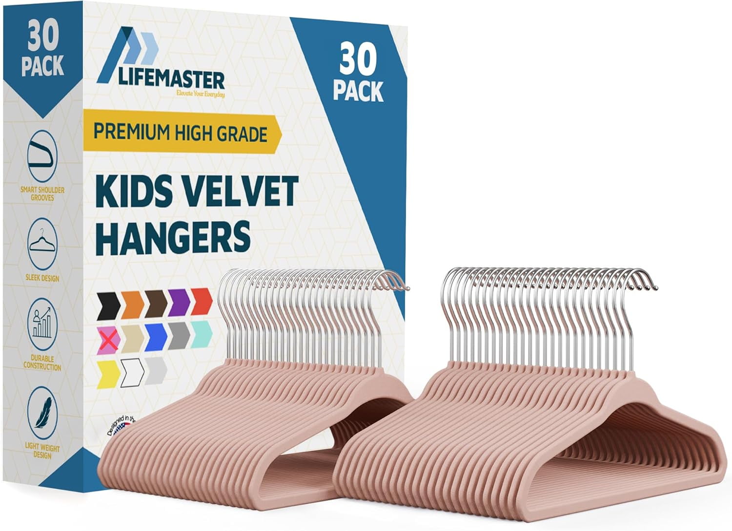 Lifemaster Velvet Kids Hangers, 30-Pack Non-Slip Baby & Toddler Clothes Hangers, Slim Space-Saving with Swivel Hook, Pink