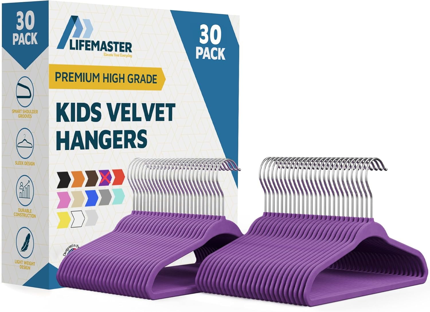 Lifemaster Kids 30-Pack Purple Velvet Hangers with Swivel Hook, Non-Slip Slim Design for Baby & Toddler Clothes