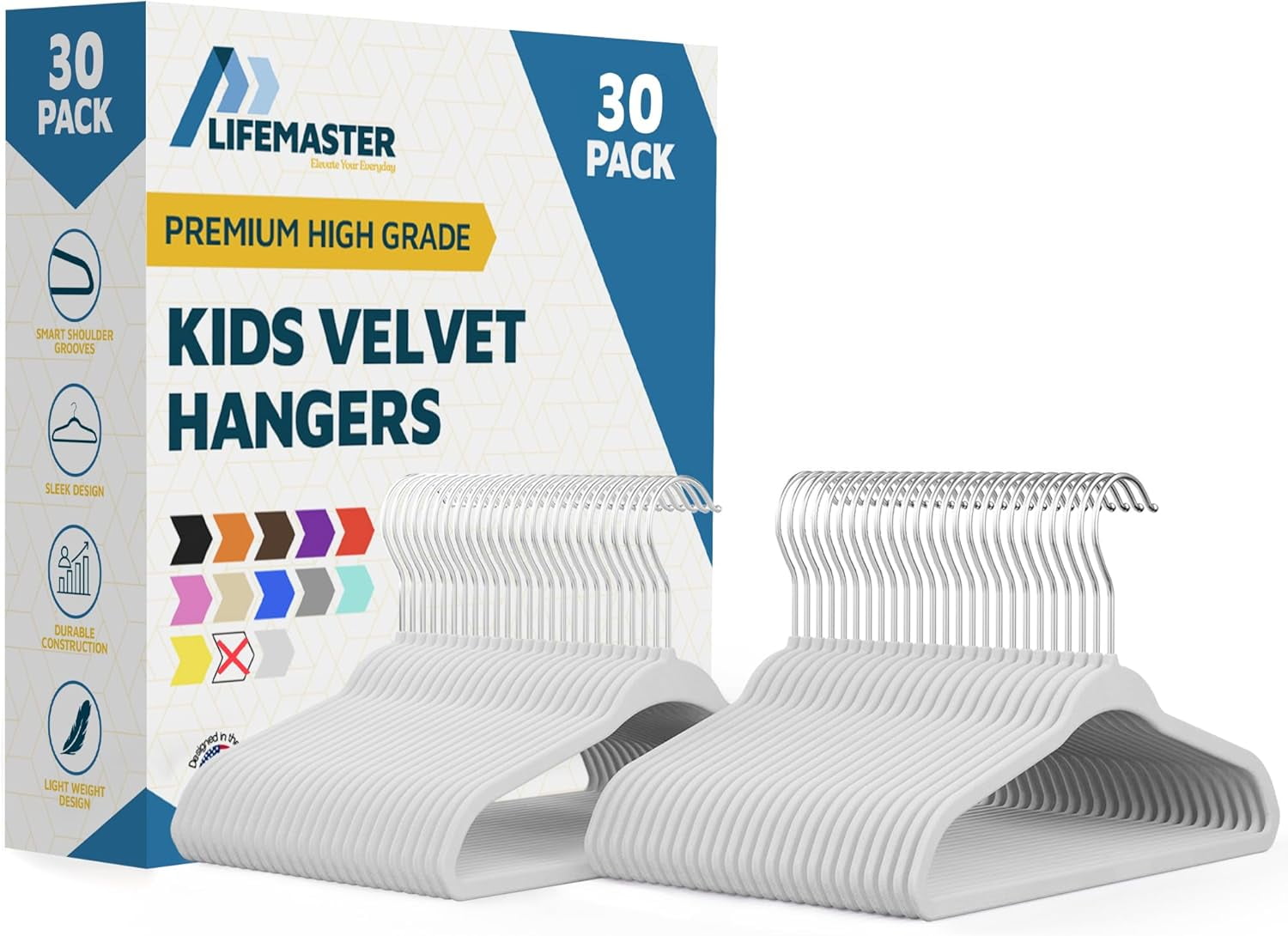 Lifemaster Velvet Kids Hangers, 30-Pack Non-Slip Baby & Toddler Clothes Hangers, Slim Space-Saving with Swivel Hook, White