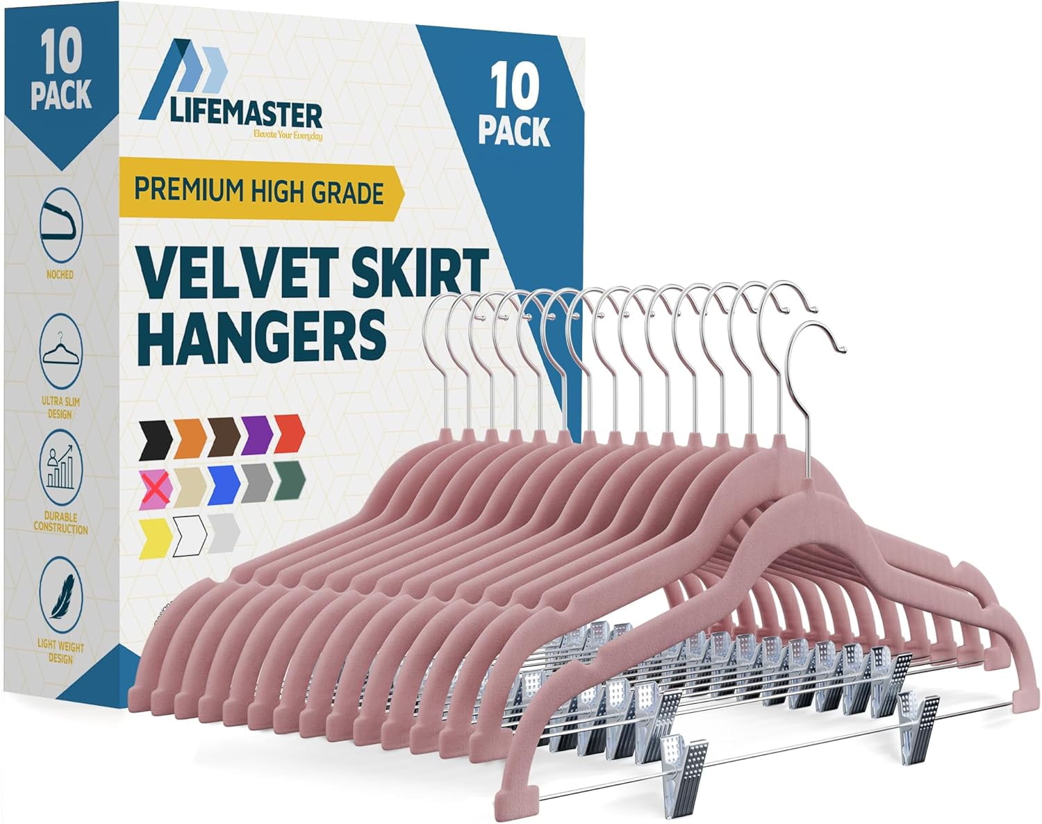 Lifemaster Velvet Pants Hangers – With Adjustable Clips, 360 Degree Swivel Hook, and Non-Slip Shoulder Notch, Holds Up To 10 lbs, For Organizing Skirt, Pants, Dress, and Clothes, Pack of 10, Pink
