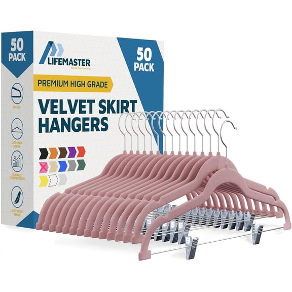 Lifemaster Velvet Pants Hangers With Adjustable Clips, 360 Degree Swivel Hook, and Non-Slip Shoulder Notch, Holds Up To 10 lbs, For Organizing Skirt, Pants, Dress, and Clothes, Pack of 50, Pink
