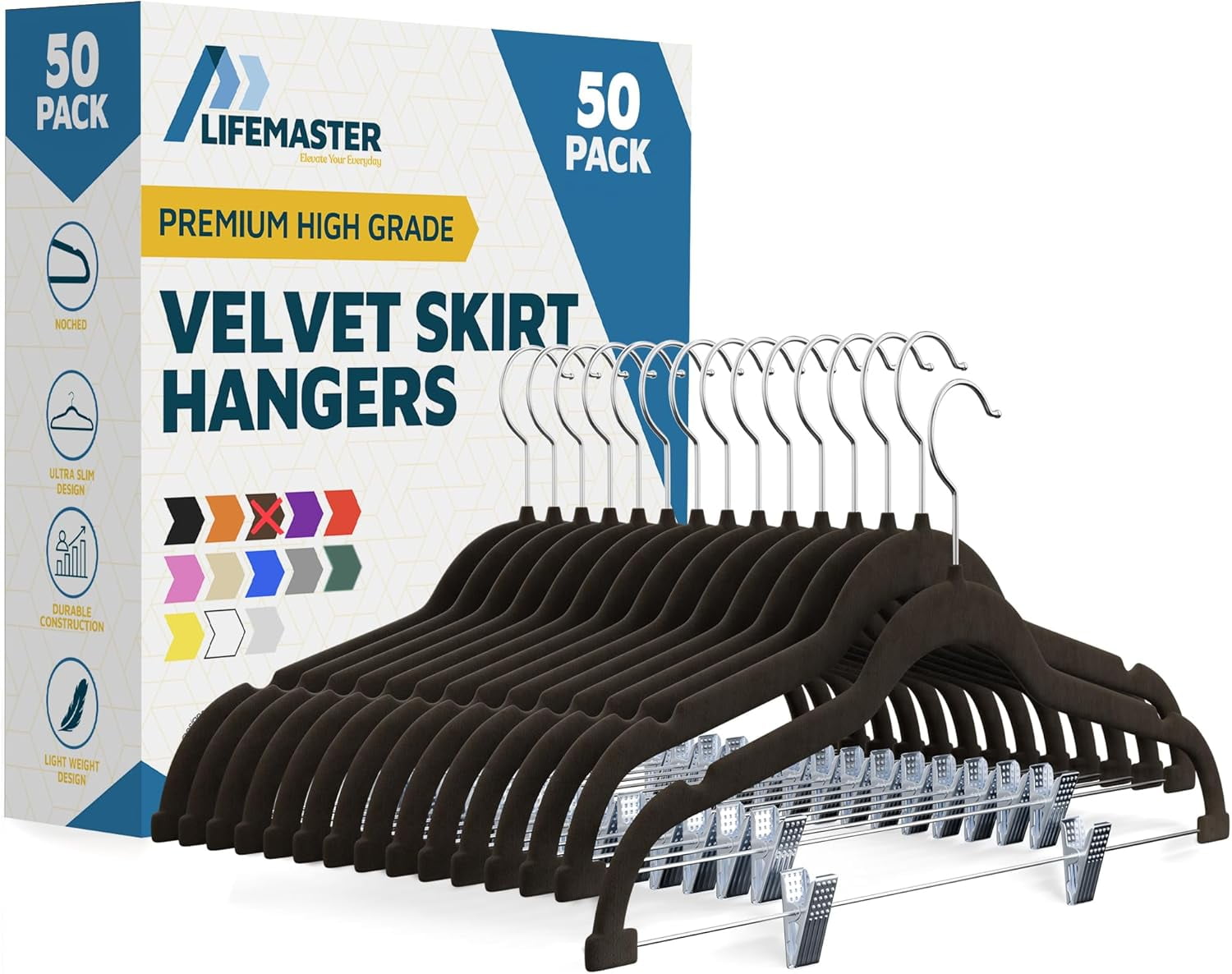 Lifemaster Velvet Skirt Hangers – With Adjustable Clips, 360 Degree Swivel Hook, and Non-Slip Shoulder Notch, Holds Up To 10 lbs, For Organizing Skirt, Pants, Dress, and Clothes, Pack of 50, Brown