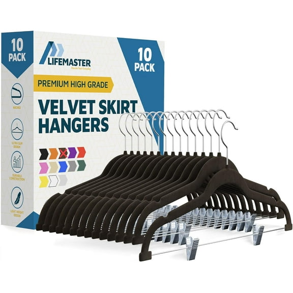 Lifemaster Velvet Skirt Hangers – With Adjustable Clips, 360 Degree Swivel Hook, and Non-Slip Shoulder Notch, Holds Up To 10 lbs, For Organizing Skirt, Pants, Dress, and Clothes, Pack of 10, Brown