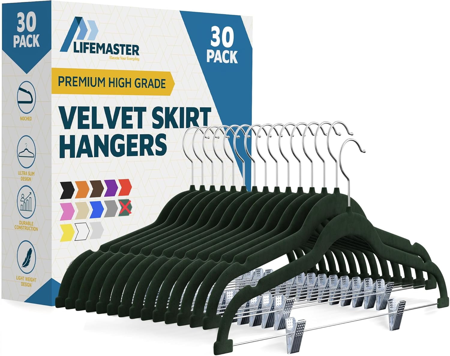 Lifemaster Velvet Skirt Hangers – With Adjustable Clips, 360 Degree Swivel Hook, and Non-Slip Shoulder Notch, Holds Up To 10 lbs, For Organizing Skirt, Pants, Dress, and Clothes, Pack of 30, Green