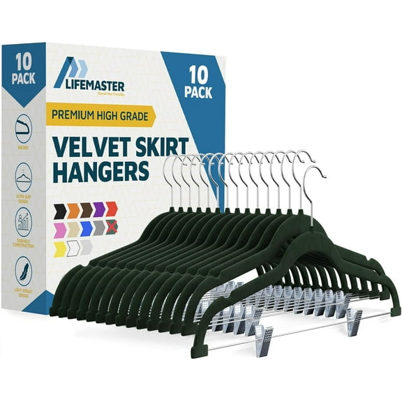 Lifemaster Velvet Skirt Hangers – With Adjustable Clips, 360 Degree Swivel Hook, and Non-Slip Shoulder Notch, Holds Up To 10 lbs, For Organizing Skirt, Pants, Dress, and Clothes, Pack of 10, Green