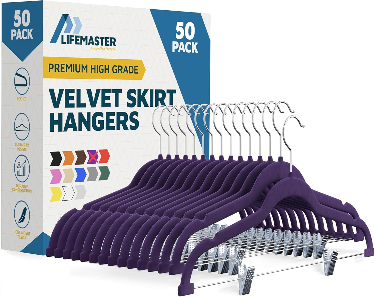 Lifemaster Velvet Skirt Hangers – With Adjustable Clips, 360 Degree Swivel Hook, and Non-Slip Shoulder Notch, Holds Up To 10 lbs, For Organizing Skirt, Pants, Dress, and Clothes, Pack of 50, Purple