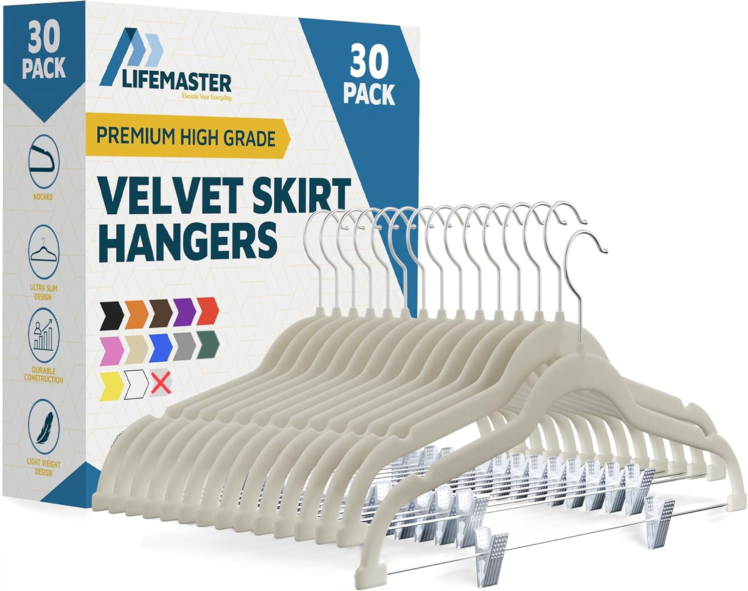 Lifemaster Velvet Skirt Hangers – With Adjustable Clips, 360 Degree Swivel Hook, and Non-Slip Shoulder Notch, Holds Up To 10 lbs, For Organizing Skirt, Pants, Dress, and Clothes, Pack of 30, Ivory