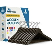 Lifemaster Wooden Clothes Hangers – With 360 Degree Swivel Hook and Non-Slip Shoulder Notch, Holds Up To 10 lbs, Pants Bar Design, For Organizing Suit, Dress, Coat, and Clothes, Pack of 5, Brown