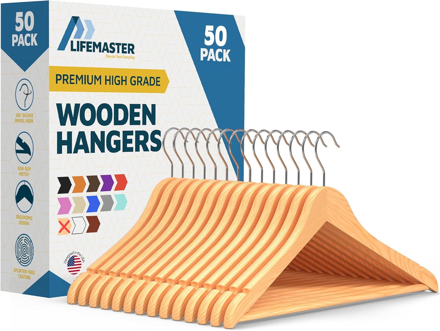 Lifemaster Natural Maple Wooden Suit Hangers with Swivel Hook, 50 Pack