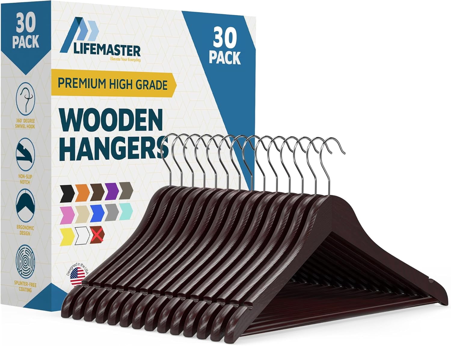Lifemaster Wooden Hanger Set, 30-Pack – Non-Slip, Space-Saving Hangers for Suits, Coats, Jackets, Pants & Dresses with 360° Swivel Hooks, Cherry