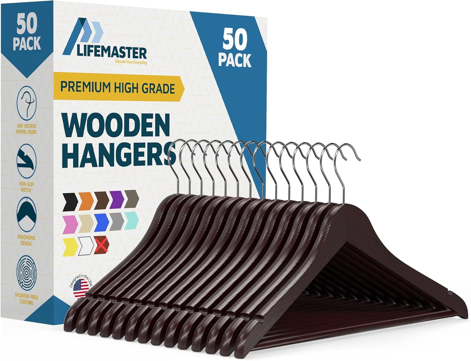 Lifemaster Wooden Hanger Set, 50-Pack – Non-Slip, Space-Saving Hangers for Suits, Coats, Jackets, Pants & Dresses with 360° Swivel Hooks, Cherry