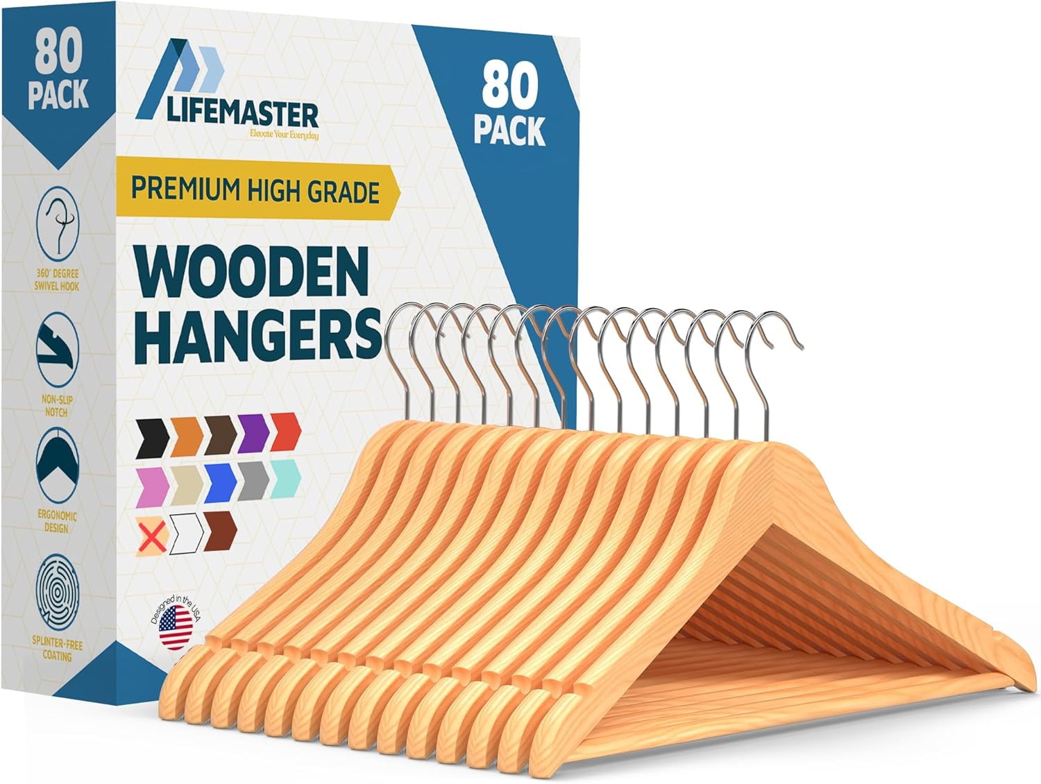 Lifemaster Wooden Clothes Hangers – With 360 Degree Swivel Hook & Non-Slip Shoulder Notch, Holds Up To 10 lbs, Pants Bar Design, Organizing Suit, Dress, Coat, and Clothes, Pack of 80, Natural Color