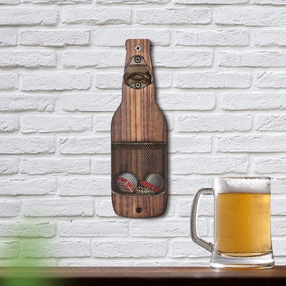 Lifemode Wall Mounted Bottle Opener With Cap Catcher, Vintage Wood Beer Opener For Bar Kitchen, 25x10x8cm