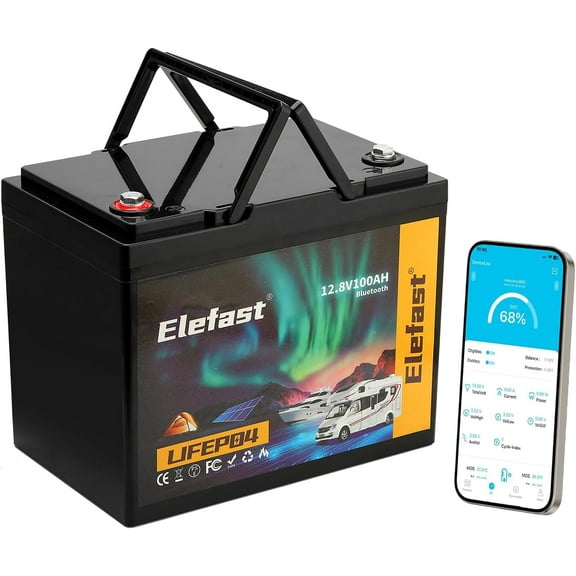Lifepo4 Battery 100AH 12V Lithium Battery Mini,Built-in 100A BMS and Bluetooth,20000+ Deep Cycle,Perfect for RV,Marine/Trolling Motors,Caravan Camping