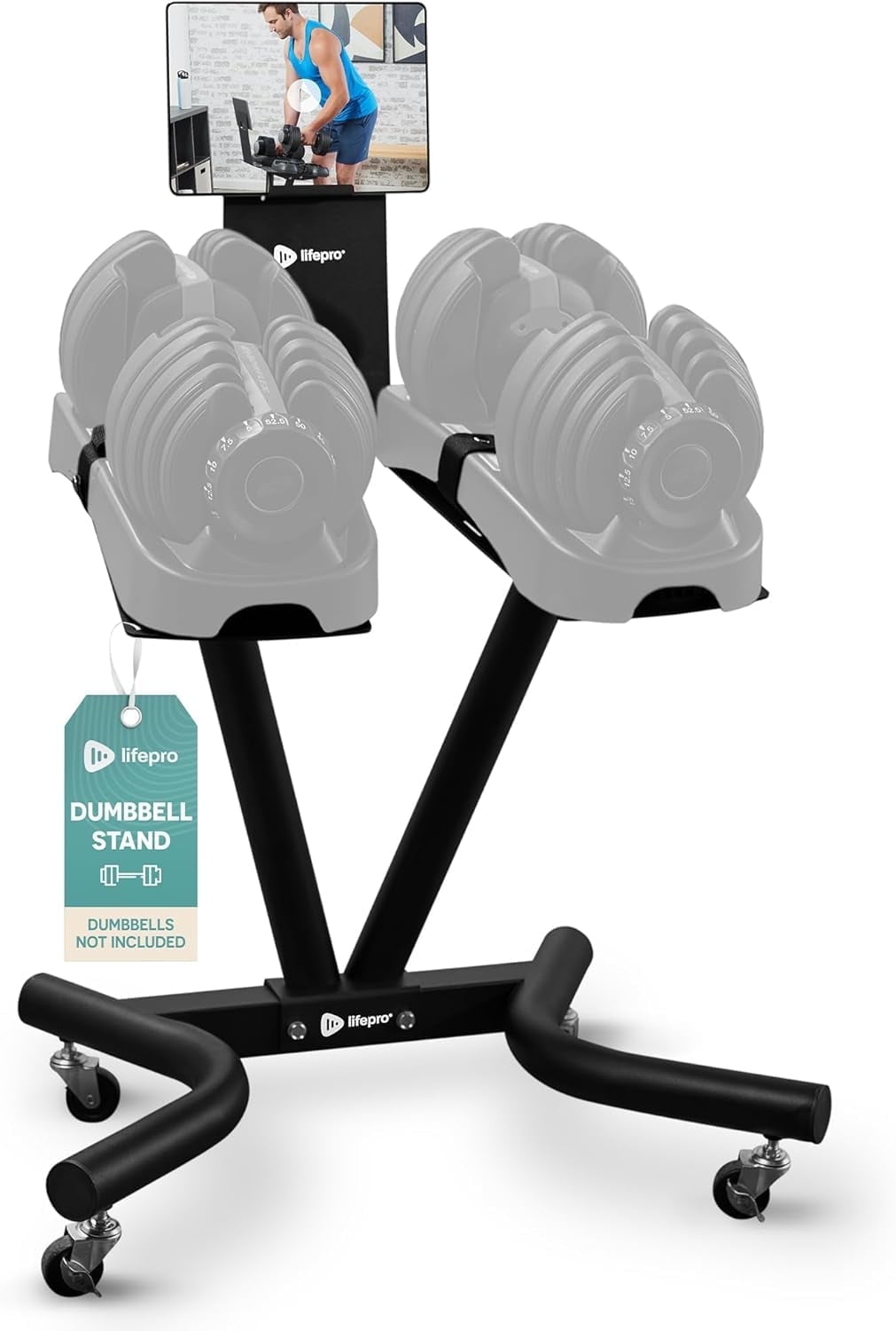 LifePro Adjustable Dumbbell Stand Rack – Compatible with PowerFlow Plus, PowerUp Plus & Other Brands, Ergonomic Base, Locking Casters, Home Gym Storage