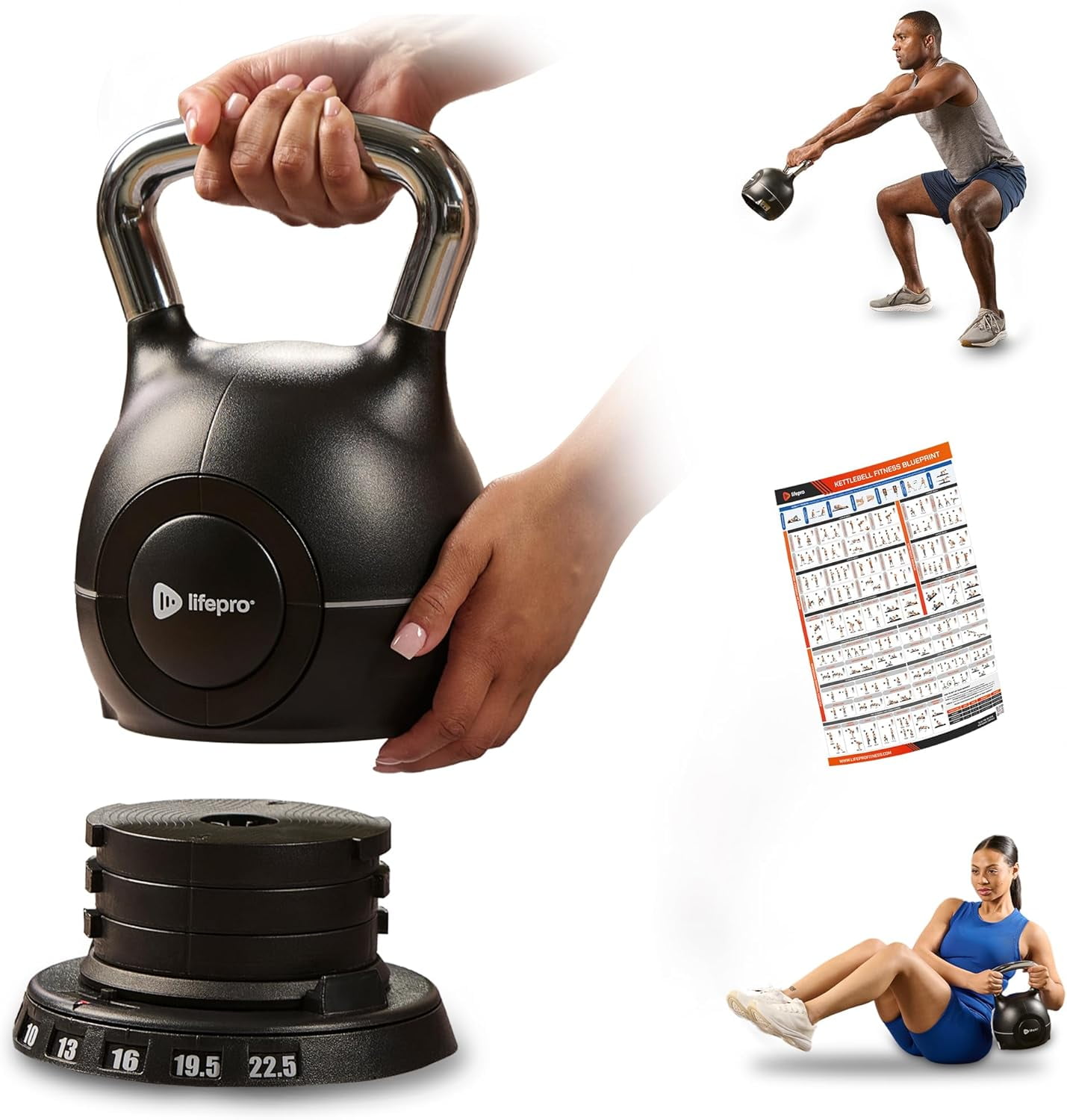 Lifepro Adjustable Kettlebell 7-in-1 Weight Set with Quick-Select Dial & Safety Lock Choose 22.5 lb or 44 lb Space-Saving Kettlebell for Strength, Full Body, Home Gym & Fitness Workouts