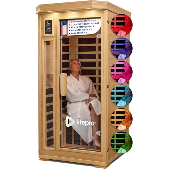 LifePro RejuvaCure 1 Person Infrared Sauna for Home – Canadian Hemlock Wood Indoor Sauna with Bluetooth, Oxygen Ionizer, Tempered Glass Door & 7 Chromotherapy Lights