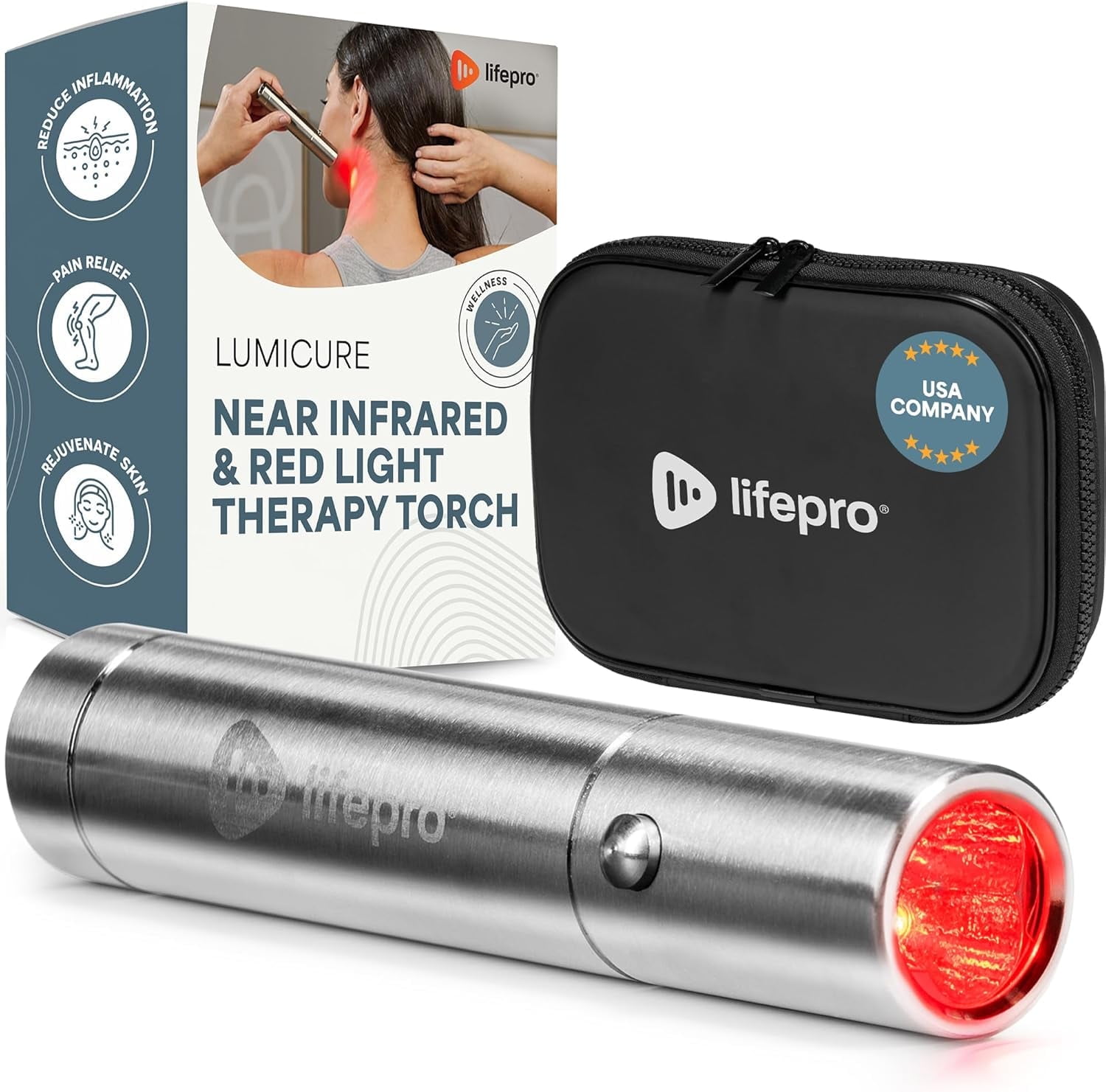 Lifepro LumiCure Pro Red Light Therapy Torch - Handheld Infrared Wand for Muscle & Joint Support - Portable LED Device with 3 Wavelengths - Silver