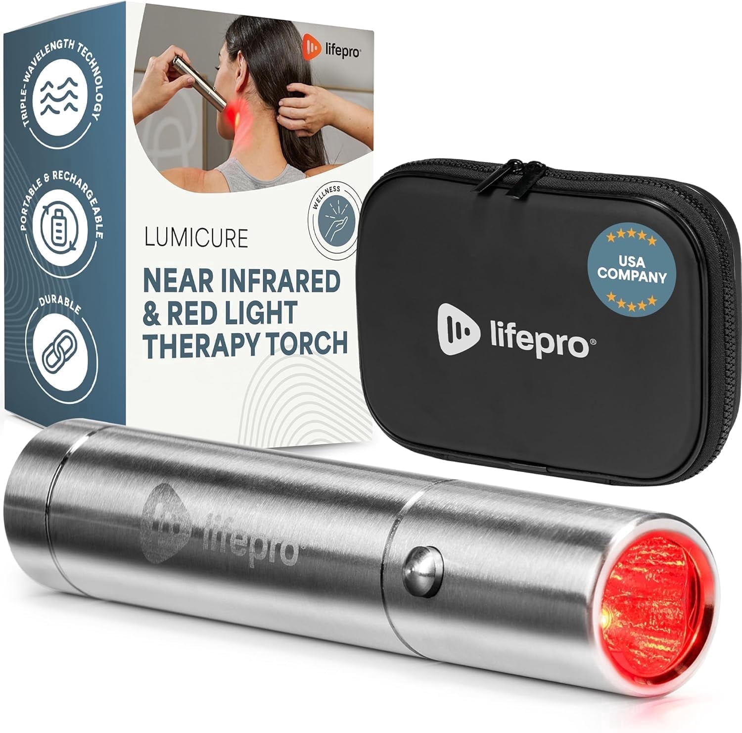Lifepro LumiCure Pro Red Light Therapy Torch - Handheld Infrared Wand for Muscle & Joint Support - Portable LED Device with 3 Wavelengths - Silver