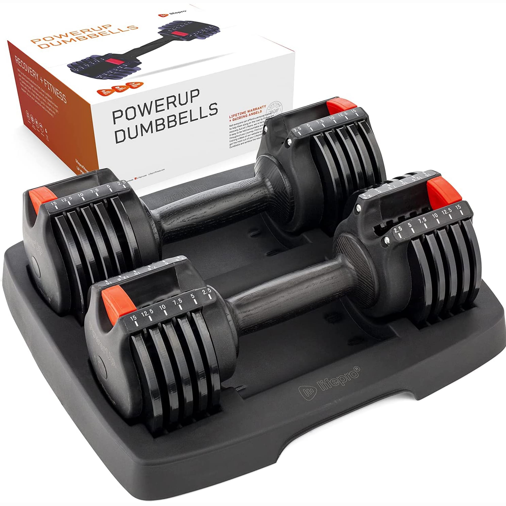 Lifepro PowerUp 15 Pound Dumbbells Adjustable Weights Set for Home Gym, 2 Pcs