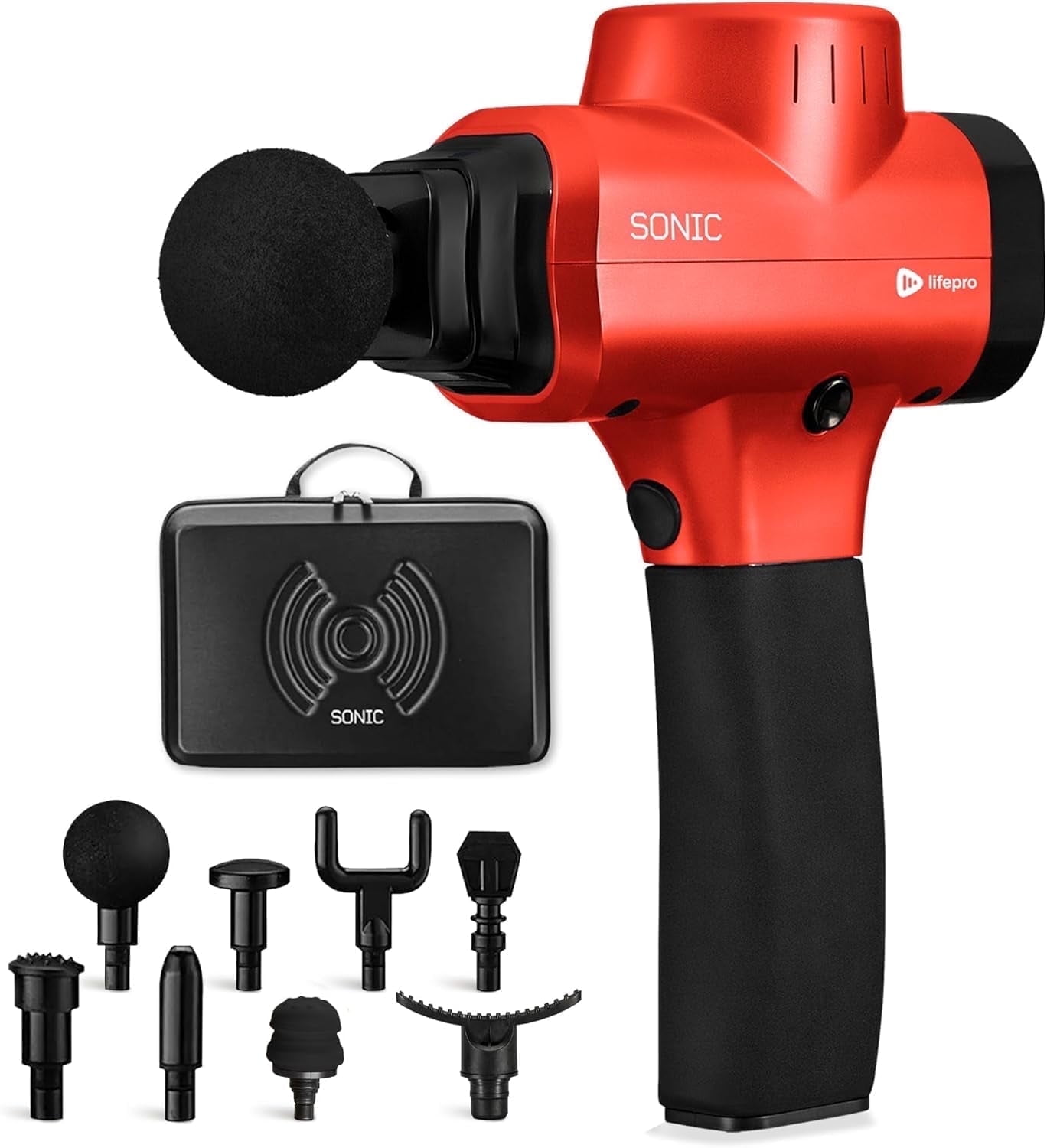 LifePro Sonic Massage Gun – Deep Tissue Handheld Massager Gun for Back & Body with 8 Heads, 6 Speeds – Portable Percussion Muscle Gun for Athletes - Red