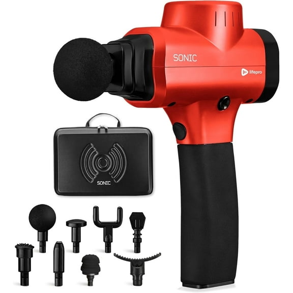 LifePro Sonic Massage Gun – Deep Tissue Handheld Massager Gun for Back & Body with 8 Heads, 6 Speeds – Portable Percussion Muscle Gun for Athletes - Red
