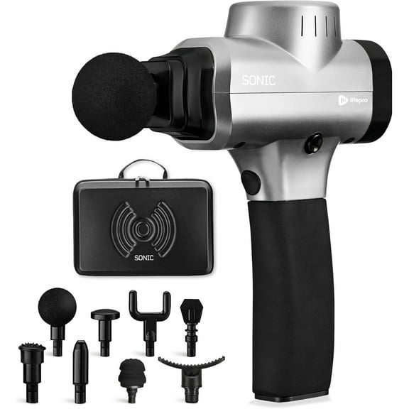 LifePro Sonic Massage Gun – Deep Tissue Handheld Massager Gun for Back & Body with 8 Heads, 6 Speeds – Portable Percussion Muscle Gun for Athletes - Silver