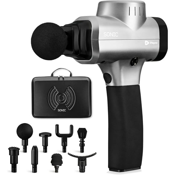 LifePro Sonic Massage Gun – Deep Tissue Handheld Massager Gun for Back & Body with 8 Heads, 6 Speeds – Portable Percussion Muscle Gun for Athletes - Silver
