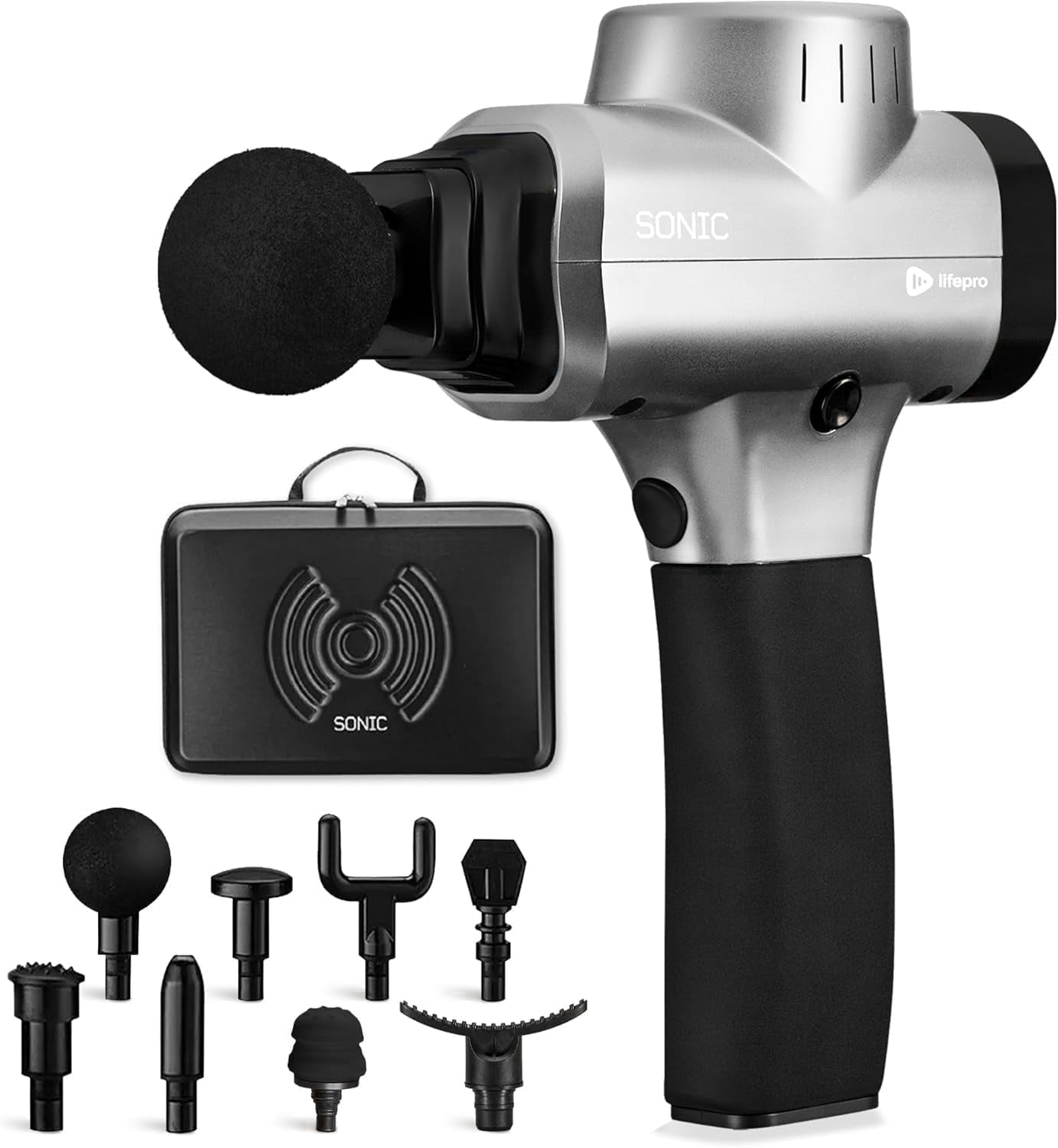 LifePro Sonic Massage Gun – Deep Tissue Handheld Massager Gun for Back & Body with 8 Heads, 6 Speeds – Portable Percussion Muscle Gun for Athletes - Silver