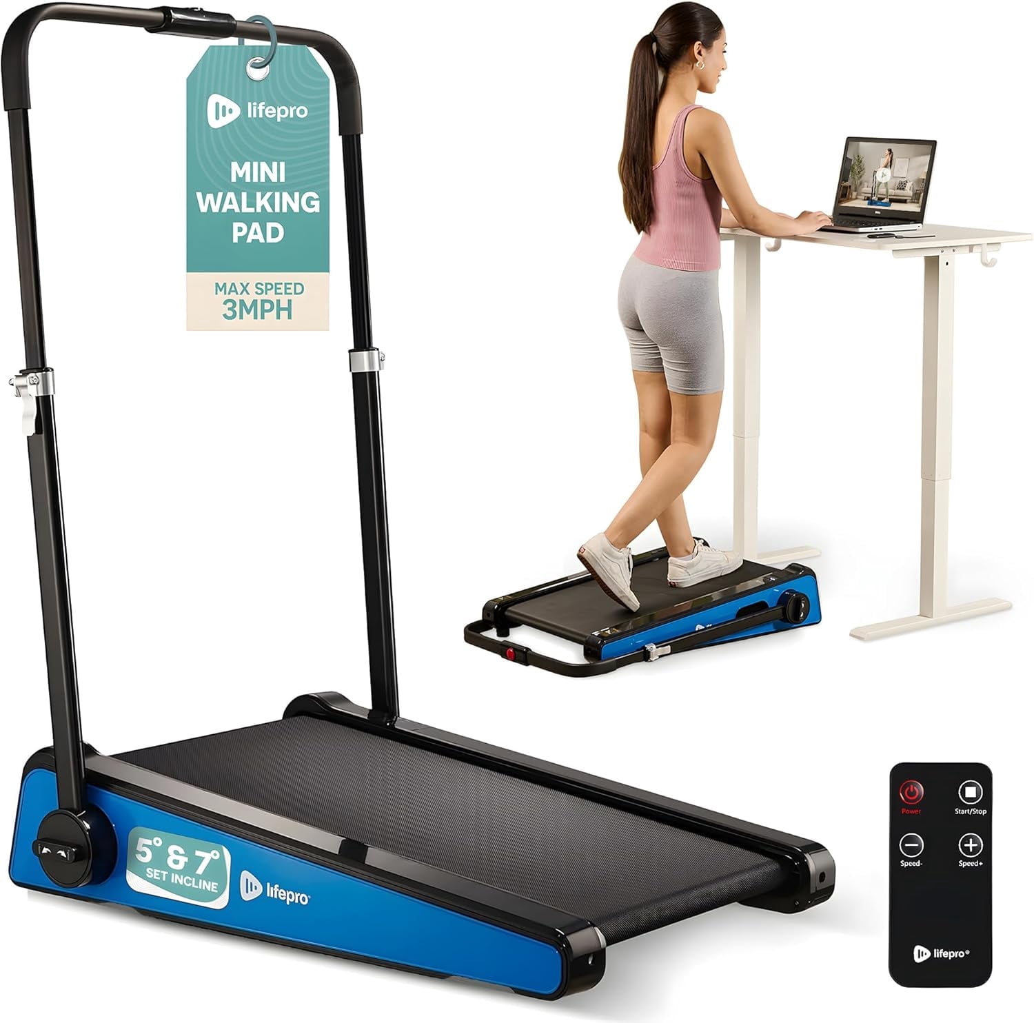 LifePro Small Portable Walking Pad Treadmill with Adjustable Handlebar – 30" Mini Walking Pad for Home & Office, 3 MPH Compact Under Desk Treadmill -  Blue