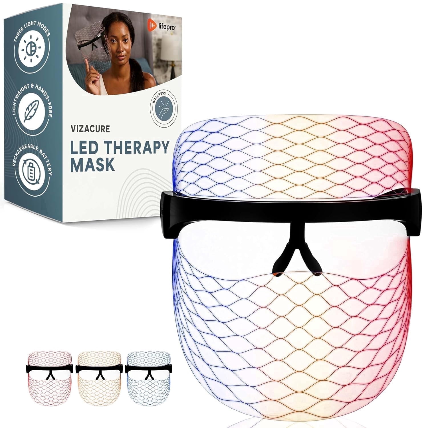 LifePro Red Light Therapy Face Mask, LED Facial Mask with Blue & Amber Light, Portable Skincare Mask for At-Home Facials - Black
