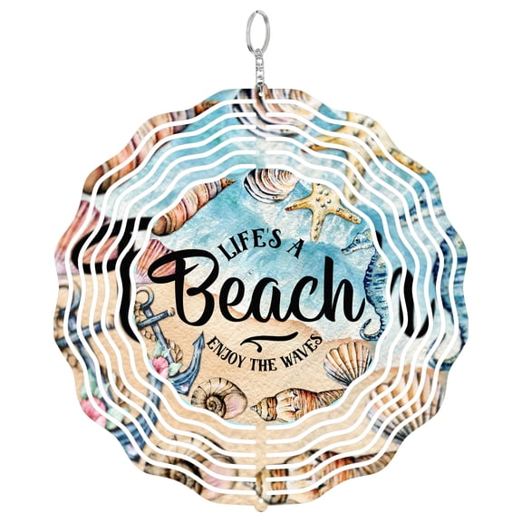 Lifes A Beach Enjoy The Waves 3D Wind Spinner Kinetic Hanging Aluminum Summer Vacation Decor Round