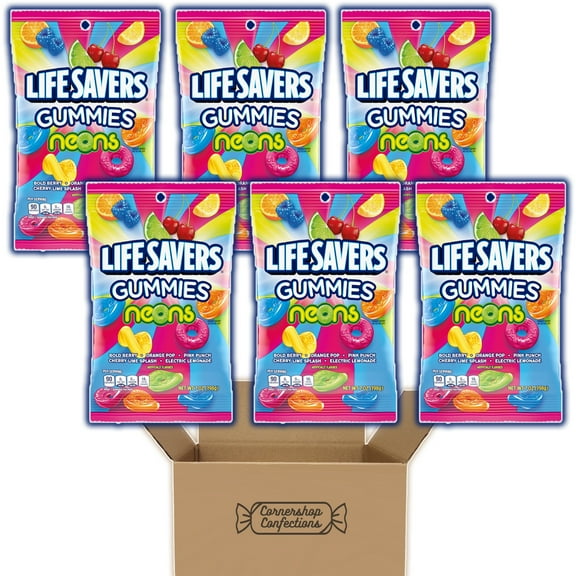 Lifesavers Gummies Neons Lovers Bundle - 6 Bags of Lifesavers Neons Gummies - 42 Ounces Total - Work Desk, Lunch Box, Road Trip, Flights - 5 Flavors Per Bag in Cornershop Confections Pack