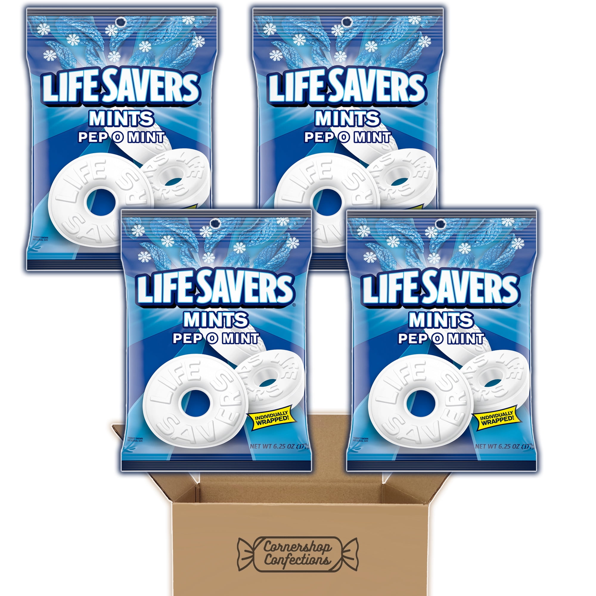Lifesavers Pep O Mint Hard Mint Candy 4 Bag Bundle Pack - Pep O Mint Flavored Minty Candies For Parties, Holidays, Car, Purse, Lunch Box, Work Desk in Cornershop Confections Protective Pack