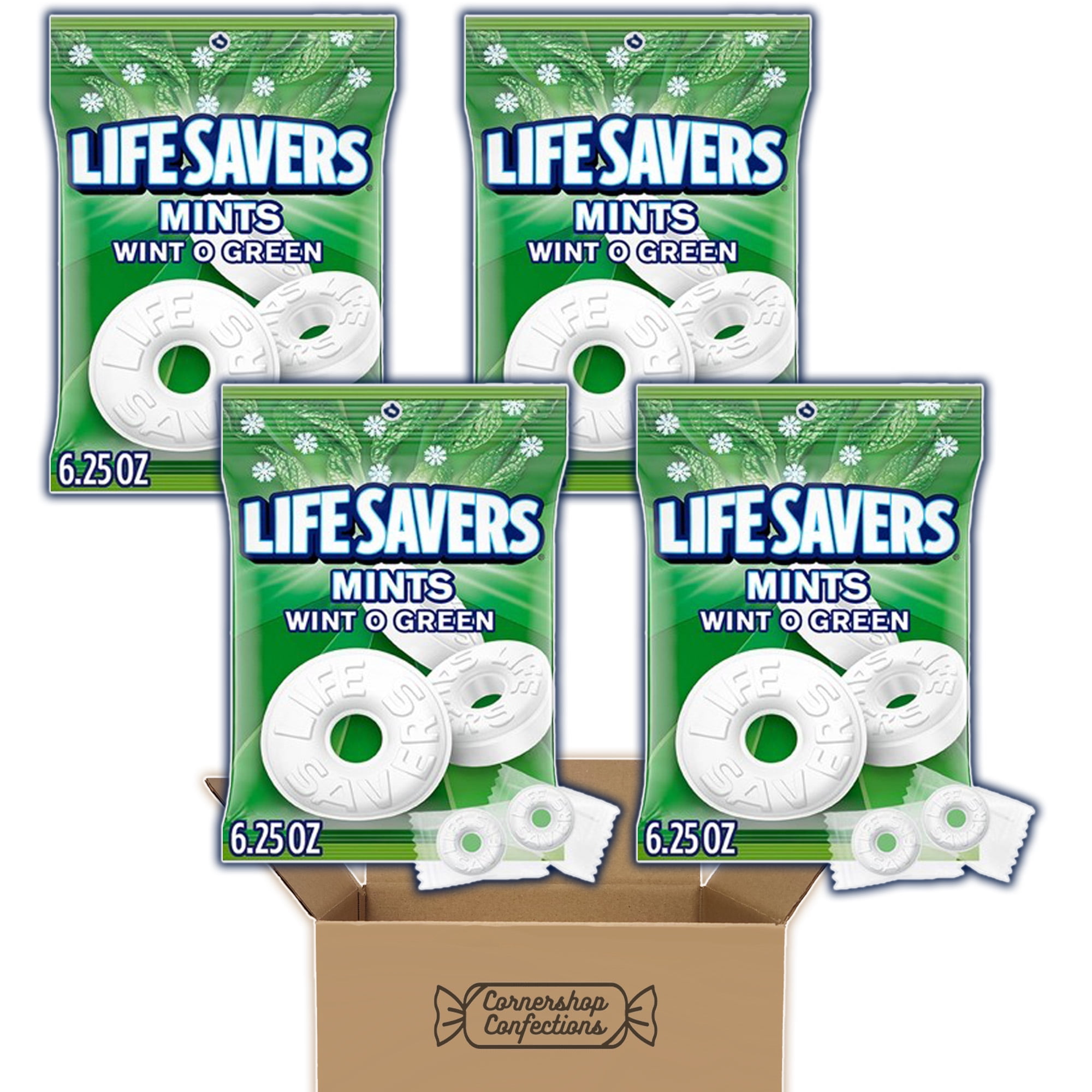 Lifesavers Wint O Green Hard Mint Candy 4 Bag Bundle Pack - Wint O Green Flavored Minty Candies For Parties, Holidays, Car, Purse, Lunch Box, Work Desk in Cornershop Confections Protective Pack