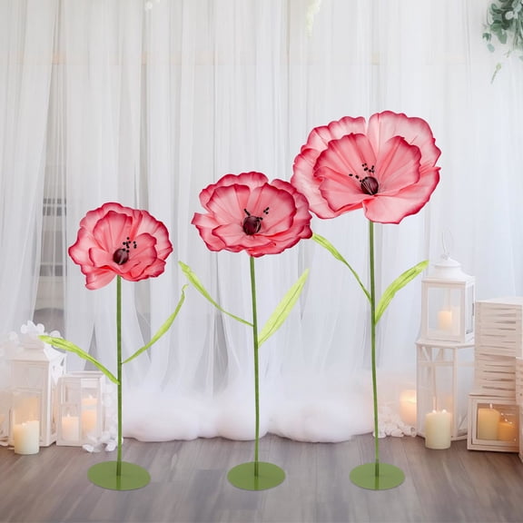 Lifesize Artificial Corn Poppy Flowers Set of 3 Realistic Dark Pink Faux Floral Arrangements with Bendable Stems
