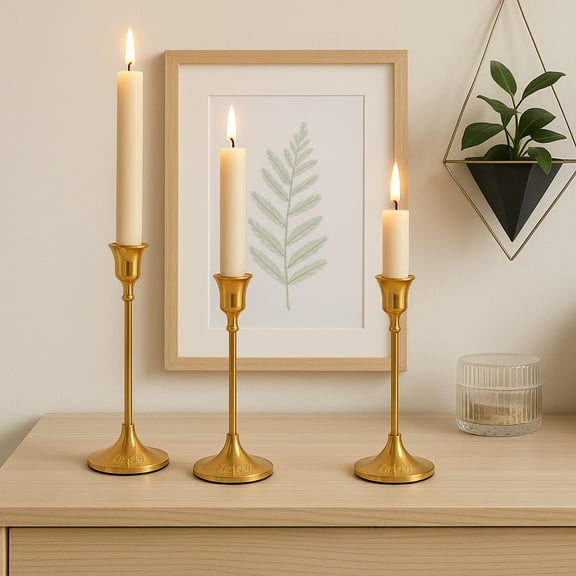 Lifesky Set of 3 Gold Metal Taper Candle Holders Elegant Electroplated Iron Candlestick Set for Dining Table, Mantel, Wedding or Home Decor Modern Minimalist Candle Stand Trio (17/20/25cm)