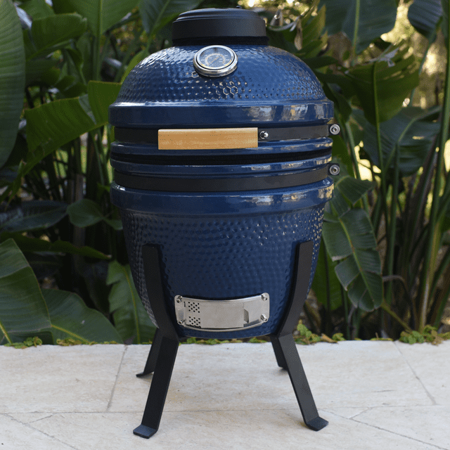 Lifesmart 15" Blue Kamado Ceramic Grill Value Bundle Includes Electric Starter Cooking Stone and Cover